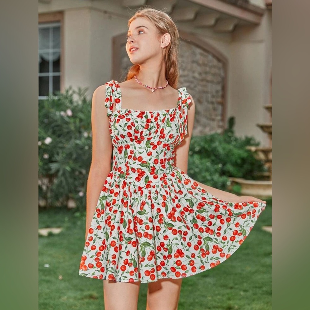 SHEIN MOD Allover Cherry Print Knot Shoulder Frill Trim Ruched Busy Dress